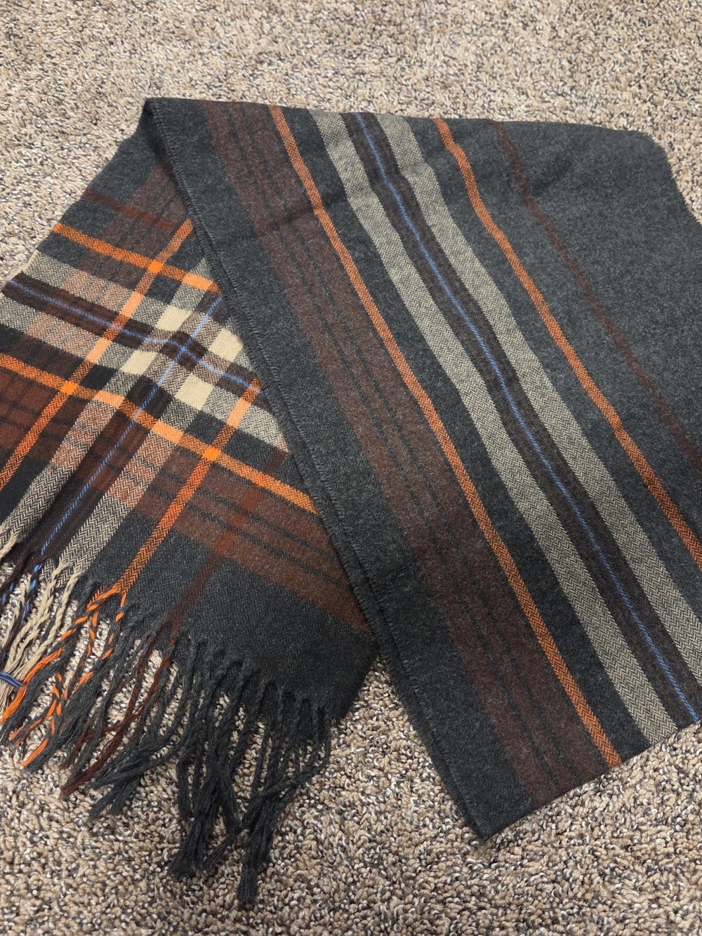 Nwot Merona Dark Gray Plaid Scarf with Brown & Orange Stripes